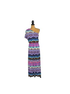 London Times One Shoulder Maxi Dress Women’s 8 Multicolor Ikat Boho Resort